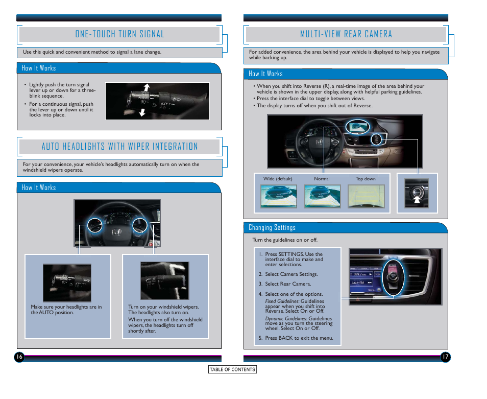 One-touch turn signal, Auto headlights with wiper integration, Multi-view rear camera | HONDA 2015 Accord Hybrid (EX-L) - Technology Reference Guide User Manual | Page 10 / 19