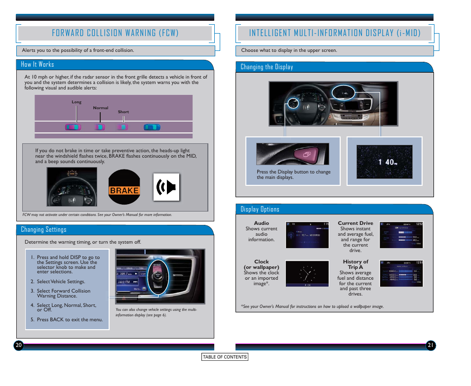 Forward collision warning (fcw), Intelligent multi-information display (i-mid), How it works | Changing settings, Display options, Changing the display | HONDA 2015 Accord Hybrid (EX-L) - Technology Reference Guide User Manual | Page 12 / 19