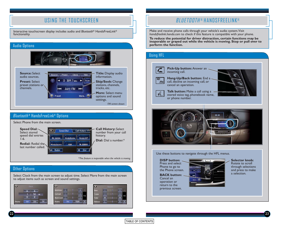 Using the touchscreen, Bluetooth, Handsfreelink | Hfl) | HONDA 2015 Accord Hybrid (EX-L) - Technology Reference Guide User Manual | Page 13 / 19