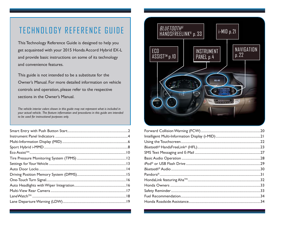 Navigation p. 22 bluetooth, Handsfreelink, P. 33 eco assist | P. 10 instrument panel p. 4, I-mid p. 21 | HONDA 2015 Accord Hybrid (EX-L) - Technology Reference Guide User Manual | Page 2 / 19