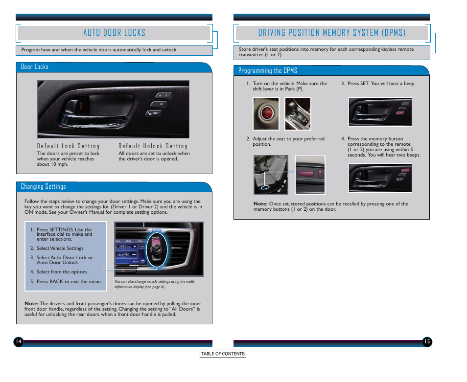 Auto door locks, Driving position memory system (dpms) | HONDA 2015 Accord Hybrid (EX-L) - Technology Reference Guide User Manual | Page 9 / 19