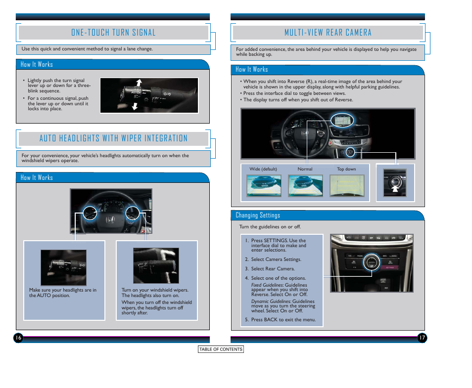 One-touch turn signal, Auto headlights with wiper integration, Multi-view rear camera | HONDA 2015 Accord Hybrid (Touring) - Technology Reference Guide User Manual | Page 10 / 25