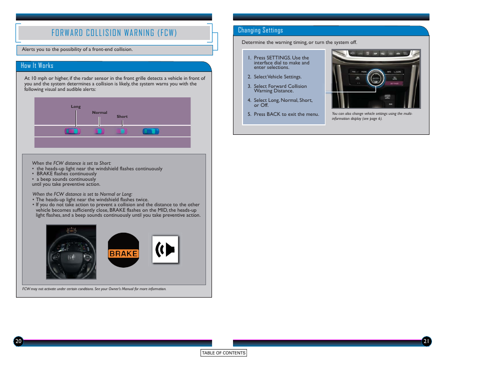 Forward collision warning (fcw), How it works, Changing settings | HONDA 2015 Accord Hybrid (Touring) - Technology Reference Guide User Manual | Page 12 / 25