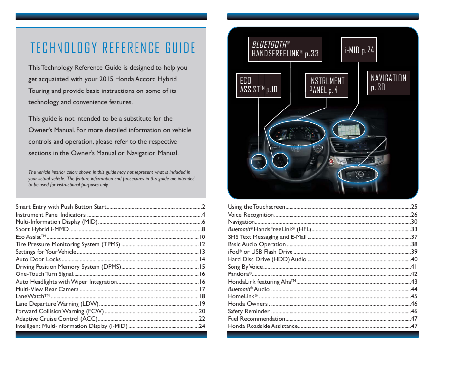 Bluetooth, Navigation p. 30, Handsfreelink | P. 33 eco assist, P. 10 instrument panel p. 4, I-mid p. 24 | HONDA 2015 Accord Hybrid (Touring) - Technology Reference Guide User Manual | Page 2 / 25