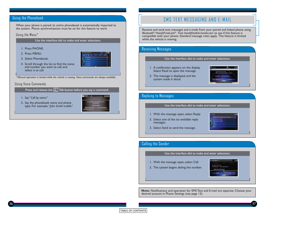 Sms text messaging and e-mail, Using the phonebook, Receiving messages | Replying to messages, Calling the sender | HONDA 2015 Accord Hybrid (Touring) - Technology Reference Guide User Manual | Page 20 / 25