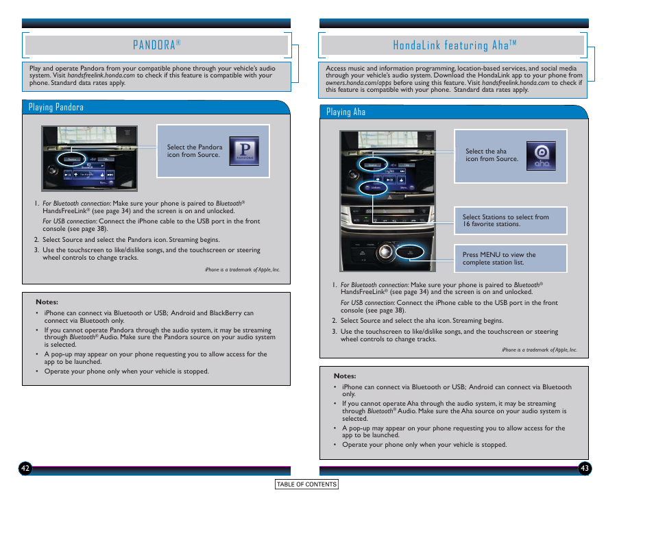 Pandora, Hondalink featuring aha, Playing pandora | Playing aha | HONDA 2015 Accord Hybrid (Touring) - Technology Reference Guide User Manual | Page 23 / 25