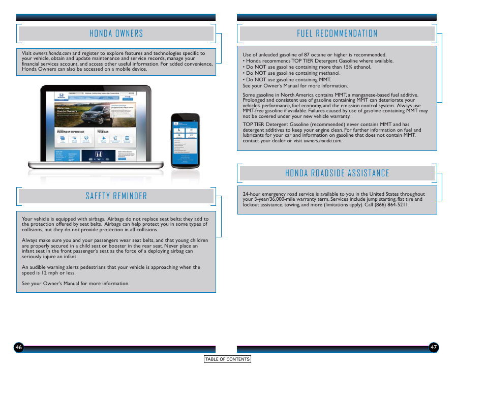Fuel recommendation, Honda owners, Safety reminder | Honda roadside assistance | HONDA 2015 Accord Hybrid (Touring) - Technology Reference Guide User Manual | Page 25 / 25