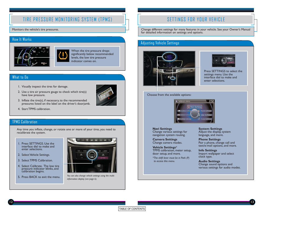 Tire pressure monitoring system (tpms), Settings for your vehicle | HONDA 2015 Accord Hybrid (Touring) - Technology Reference Guide User Manual | Page 8 / 25