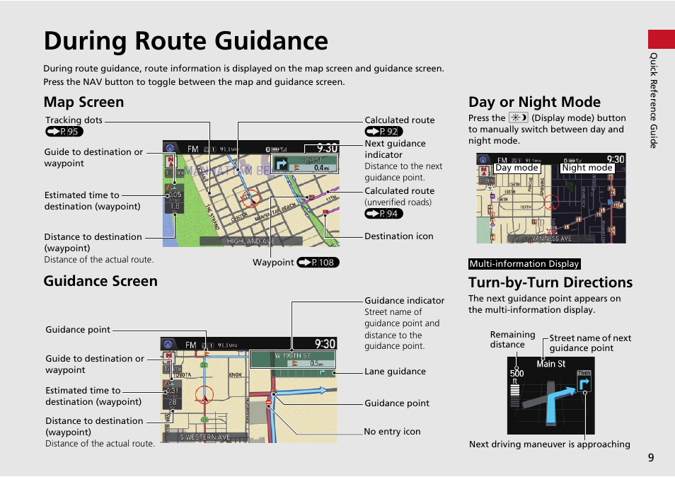 During route guidance, Map screen guidance screen, Day or night mode | Turn-by-turn directions | HONDA 2015 Accord Hybrid - Navigation Manual User Manual | Page 10 / 152