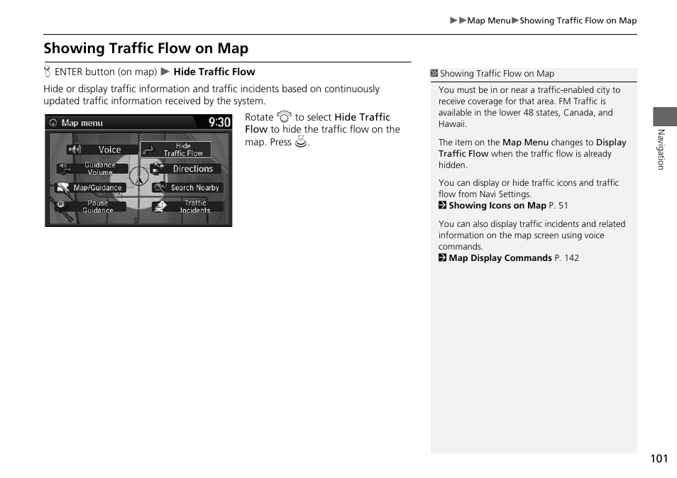 Showing traffic flow on map, 2 showing traffic flow on map, P. 101 | HONDA 2015 Accord Hybrid - Navigation Manual User Manual | Page 102 / 152