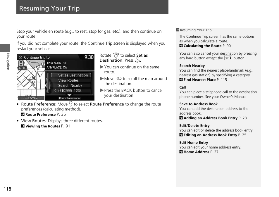 Resuming your trip 118, Resuming your trip, 2 resuming your trip | P. 118 | HONDA 2015 Accord Hybrid - Navigation Manual User Manual | Page 119 / 152