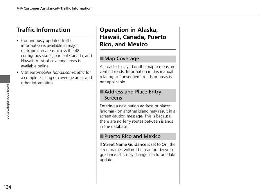 Puerto rico, and mexico, Traffic information | HONDA 2015 Accord Hybrid - Navigation Manual User Manual | Page 135 / 152