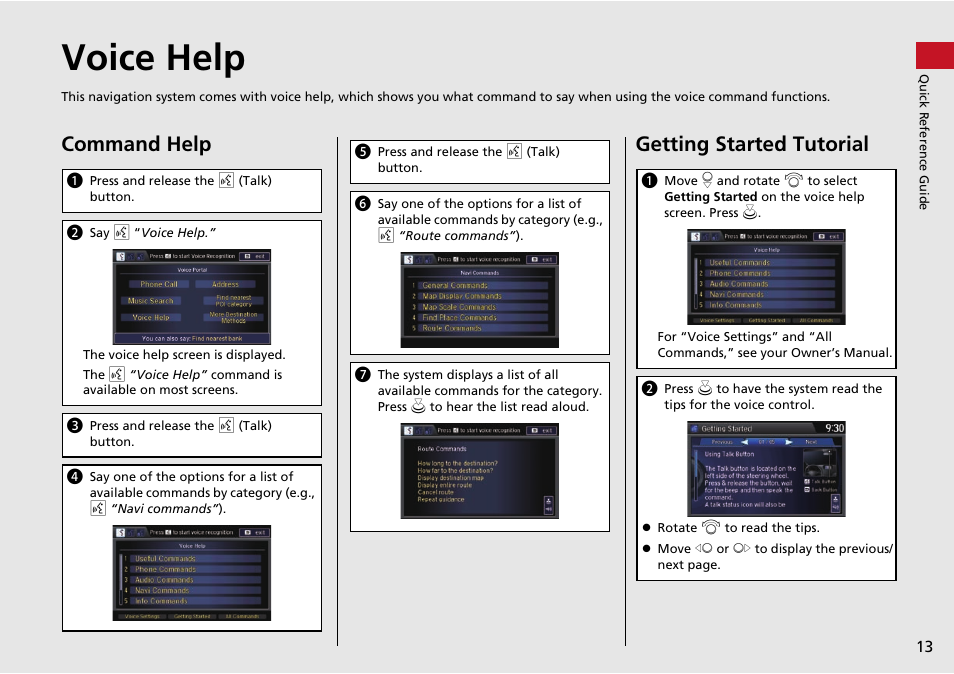 Voice help, P13), Voice help (p13) | Command help, Getting started tutorial | HONDA 2015 Accord Hybrid - Navigation Manual User Manual | Page 14 / 152