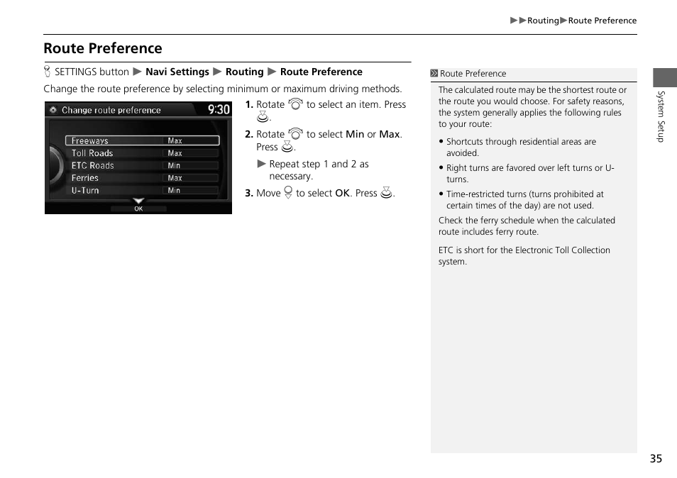 Route preference, 2 route preference, P. 35 | HONDA 2015 Accord Hybrid - Navigation Manual User Manual | Page 36 / 152