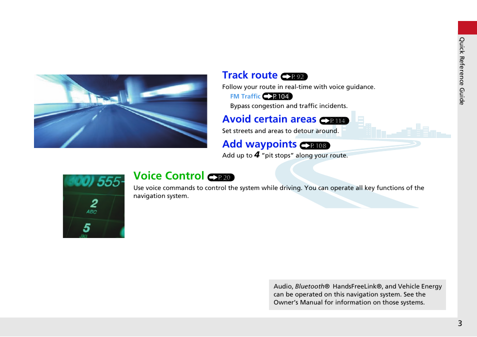 Voice control, Track route, Avoid certain areas | Add waypoints | HONDA 2015 Accord Hybrid - Navigation Manual User Manual | Page 4 / 152