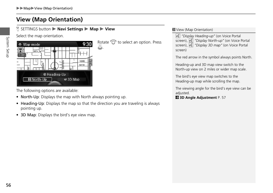 P56), View (map orientation), 2 view (map orientation) | P. 56 | HONDA 2015 Accord Hybrid - Navigation Manual User Manual | Page 57 / 152