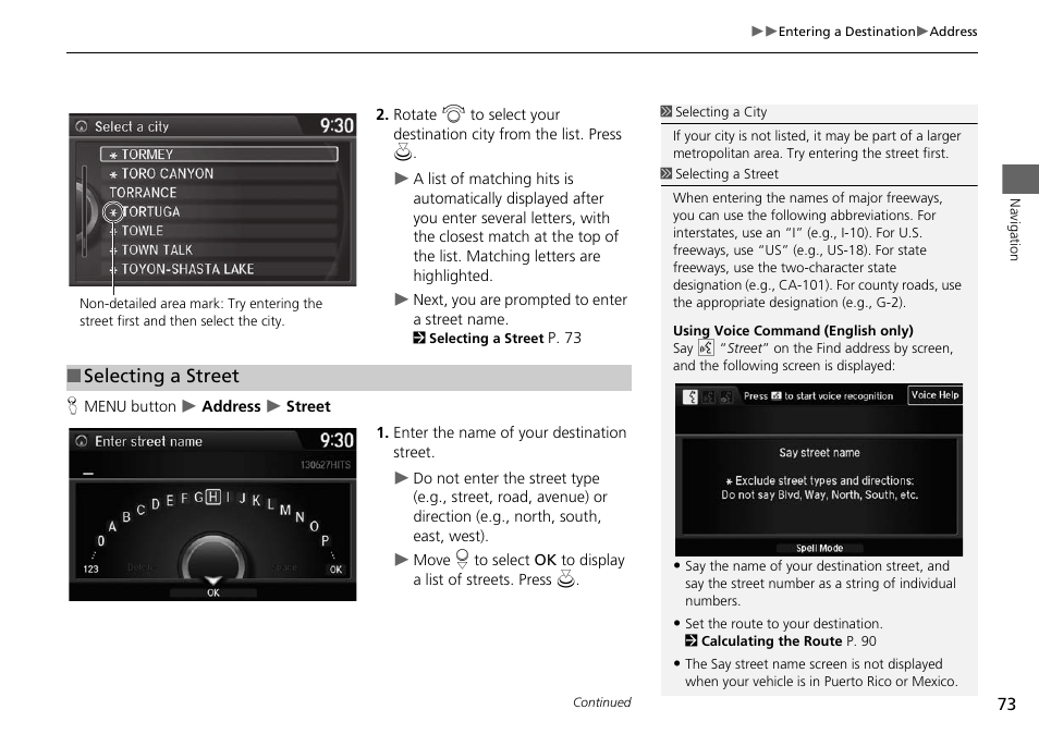 2 selecting a street, P. 73, Selecting a street | HONDA 2015 Accord Hybrid - Navigation Manual User Manual | Page 74 / 152