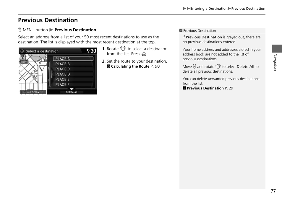 2 previous destination, P. 77, Previous destination | HONDA 2015 Accord Hybrid - Navigation Manual User Manual | Page 78 / 152