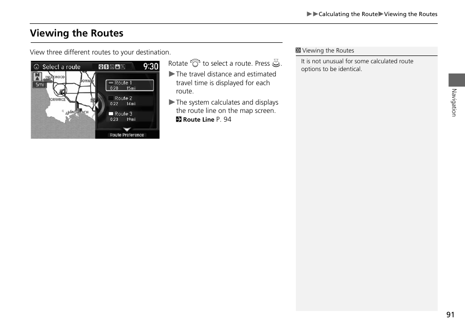 P91), Viewing the routes, 2 viewing the routes | P. 91 | HONDA 2015 Accord Hybrid - Navigation Manual User Manual | Page 92 / 152