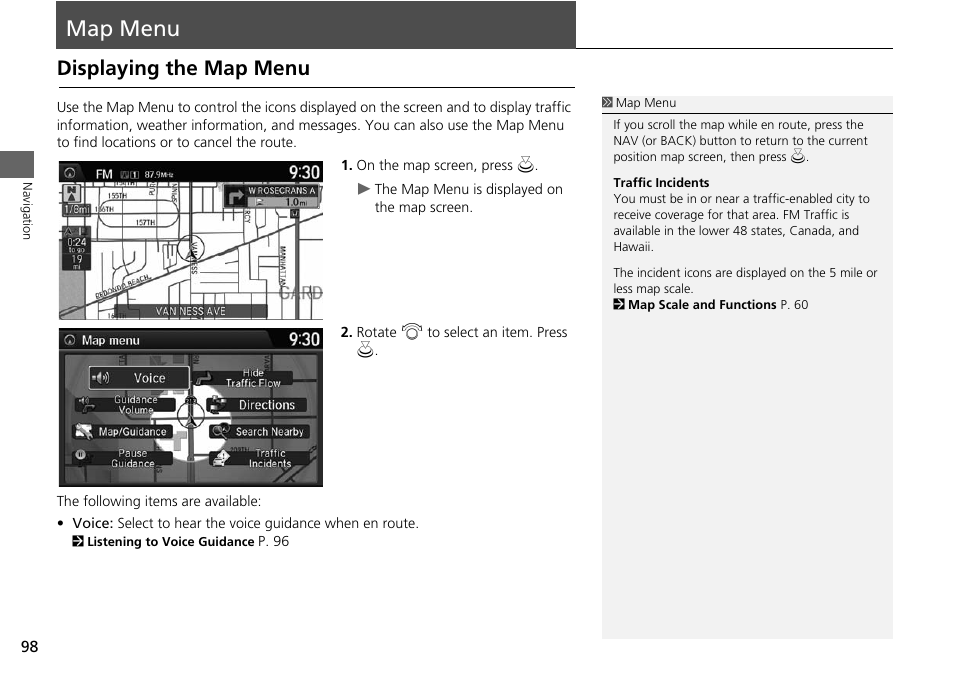 Map menu 98, 2 map menu p. 98, Map menu | Displaying the map menu, 2 map menu, P. 98 | HONDA 2015 Accord Hybrid - Navigation Manual User Manual | Page 99 / 152