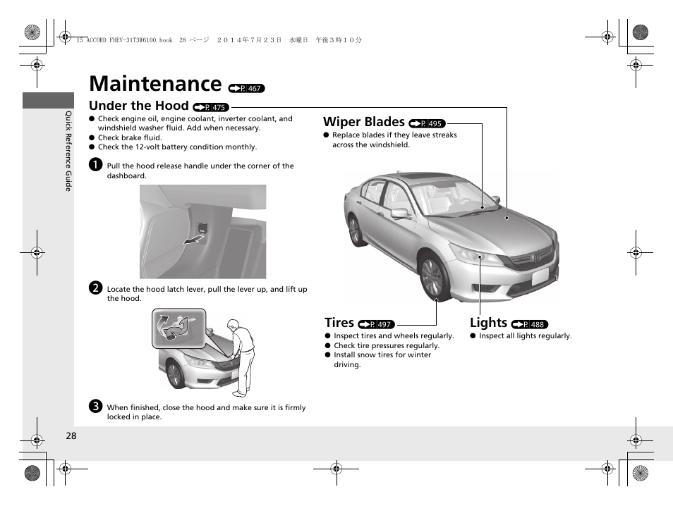 Maintenance (p 467), Maintenance, Under the hood | Lights, Wiper blades, Tires | HONDA 2015 Accord Hybrid - Owner's Manual User Manual | Page 29 / 569