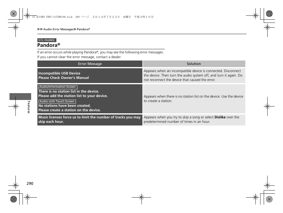 Pandora, Pandora® p. 290 | HONDA 2015 Accord Hybrid - Owner's Manual User Manual | Page 291 / 569