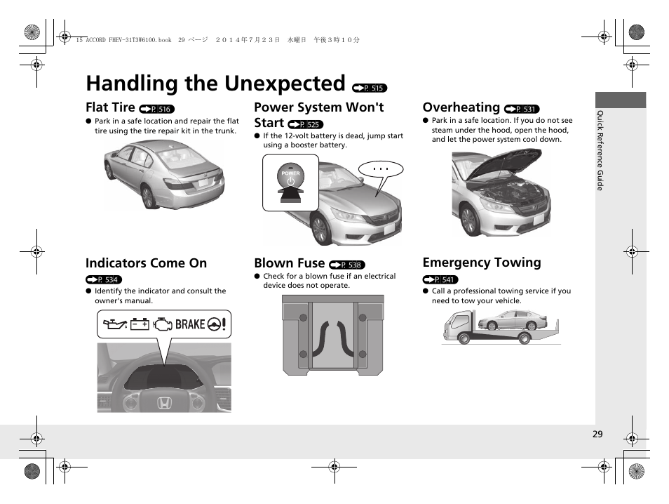 Handling the unexpected (p 515), Handling the unexpected, Flat tire | Indicators come on, Power system won't start, Blown fuse, Overheating, Emergency towing | HONDA 2015 Accord Hybrid - Owner's Manual User Manual | Page 30 / 569