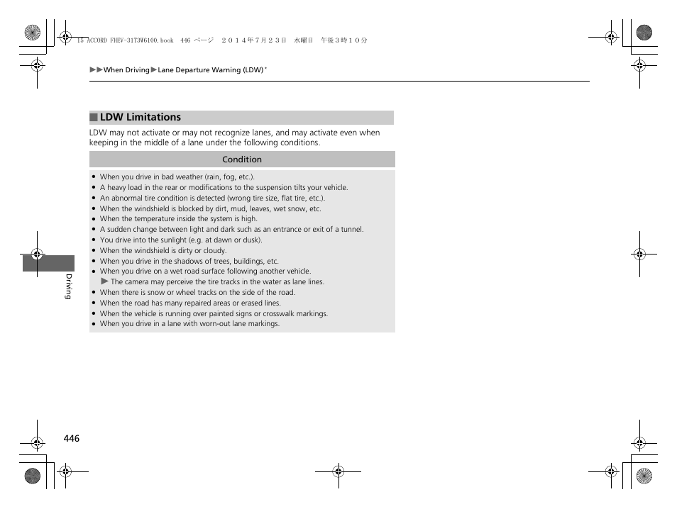 Ldw limitations | HONDA 2015 Accord Hybrid - Owner's Manual User Manual | Page 447 / 569