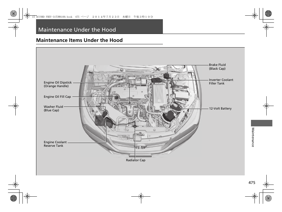 Maintenance under the hood, P 475), Maintenance items under the hood | HONDA 2015 Accord Hybrid - Owner's Manual User Manual | Page 476 / 569