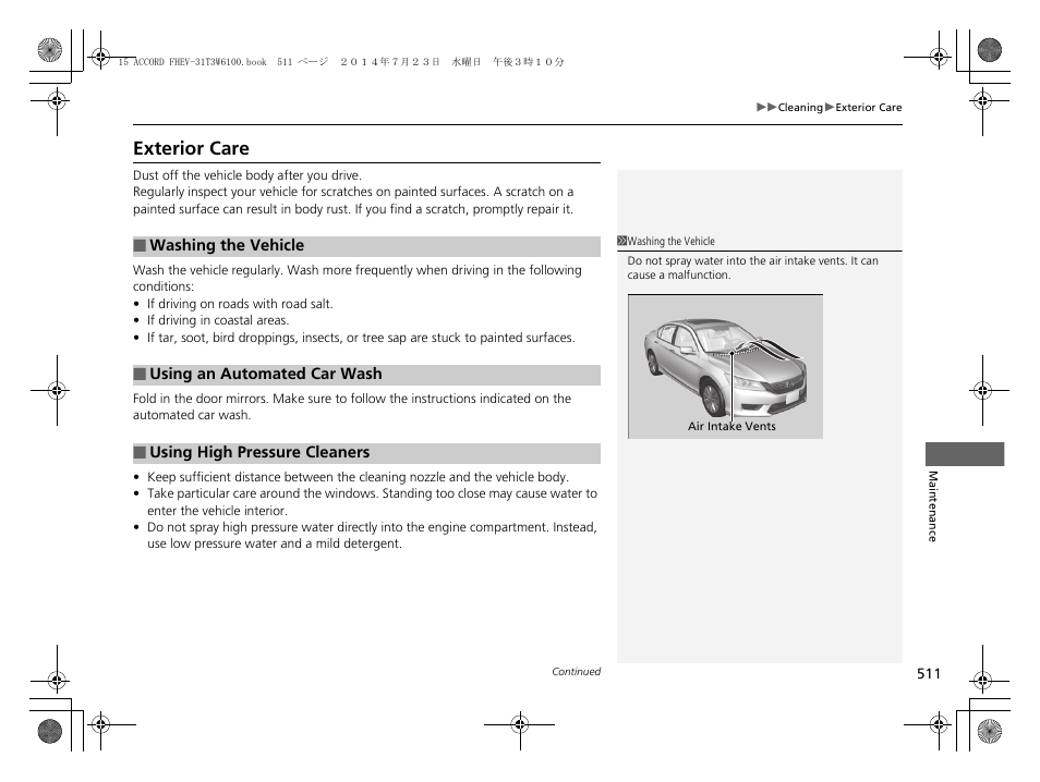 Exterior care | HONDA 2015 Accord Hybrid - Owner's Manual User Manual | Page 512 / 569