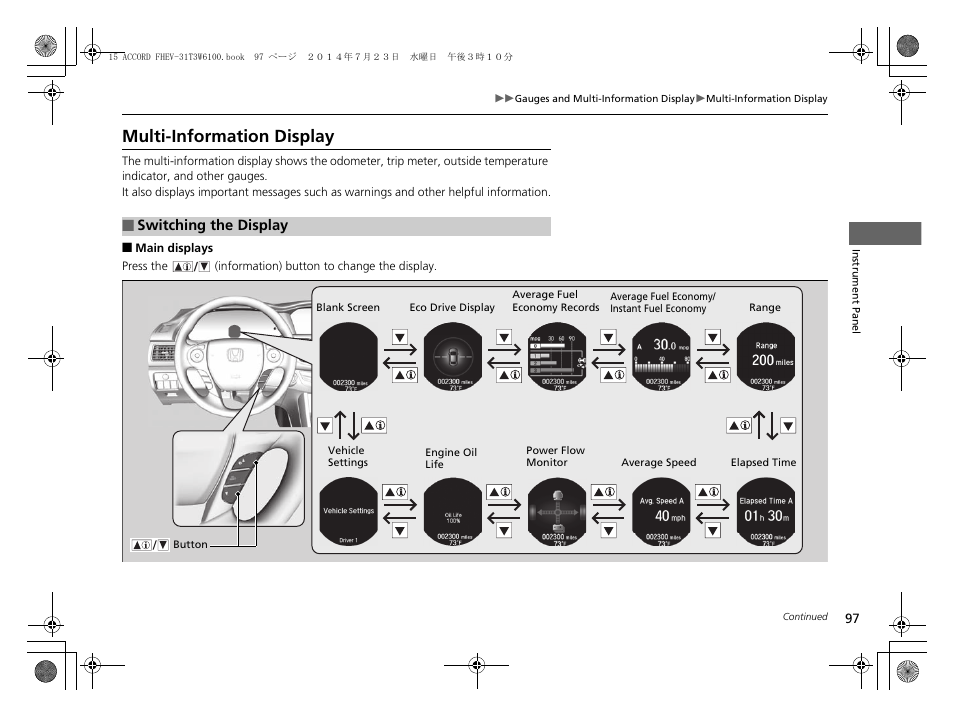 P 97, Multi-information display | HONDA 2015 Accord Hybrid - Owner's Manual User Manual | Page 98 / 569