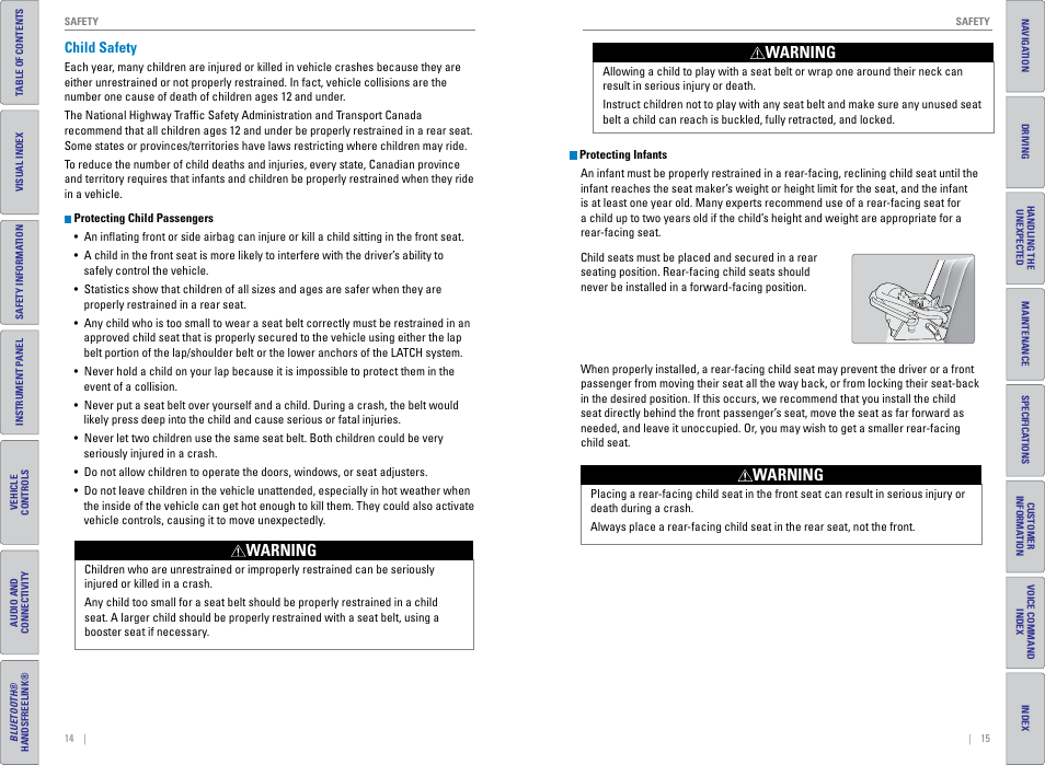 Child safety, Warning | HONDA 2015 Civic (HF) - Owner's Guide (Revised 12/12/2014) User Manual | Page 11 / 79