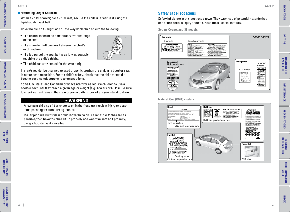Safety label locations, Warning | HONDA 2015 Civic (HF) - Owner's Guide (Revised 12/12/2014) User Manual | Page 14 / 79