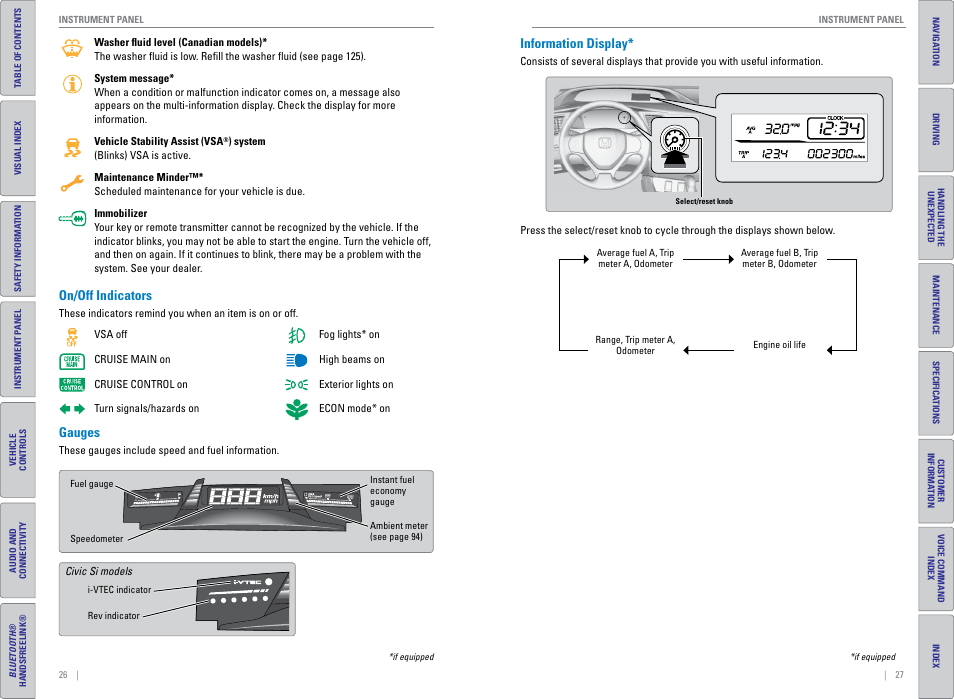 Gauges, On/off indicators, Information display | Gauges on/off indicators information display, P. 27 | HONDA 2015 Civic (HF) - Owner's Guide (Revised 12/12/2014) User Manual | Page 17 / 79