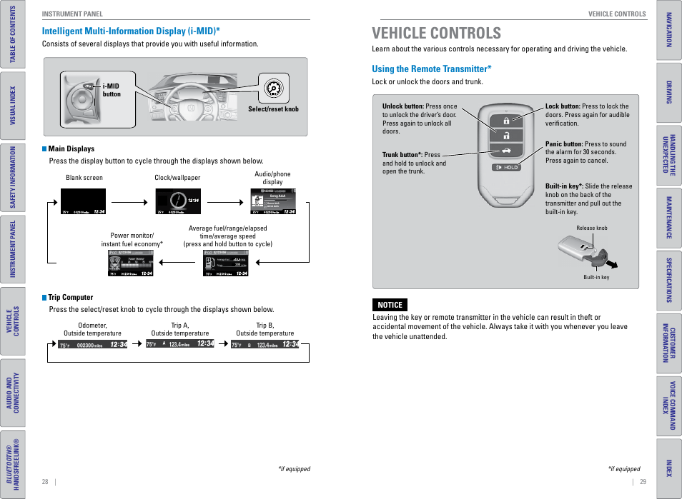 Intelligent multi-information display (i-mid), Vehicle controls, Using the remote transmitter | Vehicle, Controls, P. 28 | HONDA 2015 Civic (HF) - Owner's Guide (Revised 12/12/2014) User Manual | Page 18 / 79
