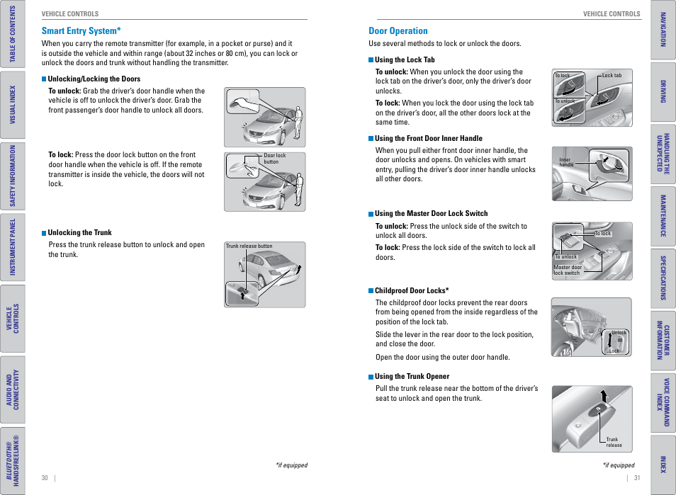 Smart entry system, Door operation, Smart entry system* door operation | Door lock switches, P. 31 | HONDA 2015 Civic (HF) - Owner's Guide (Revised 12/12/2014) User Manual | Page 19 / 79
