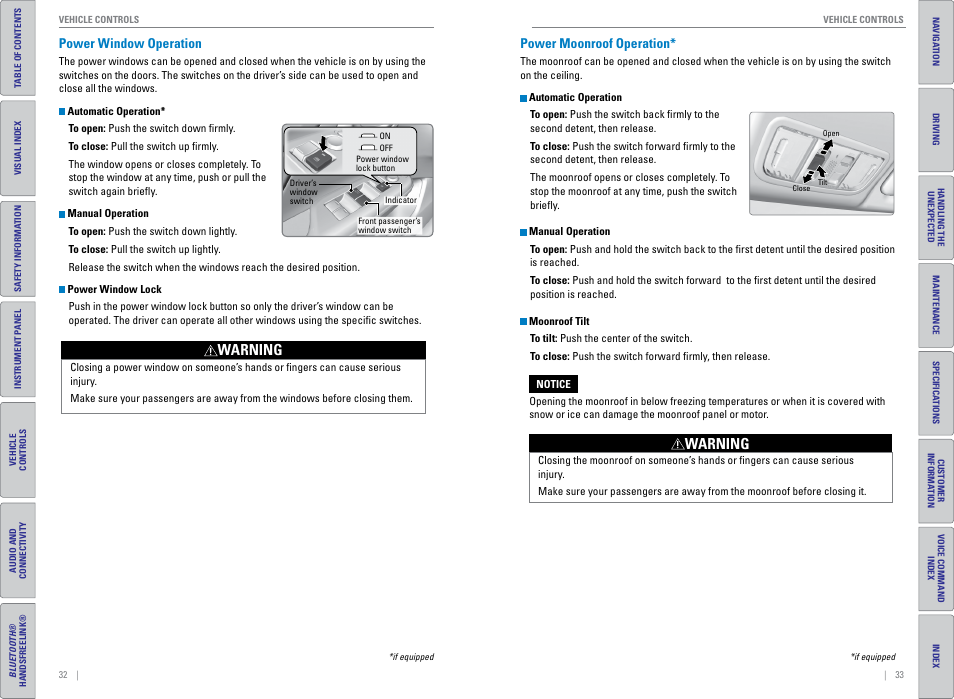 Power window operation, Power moonroof operation, Power window operation power moonroof operation | P. 33, P. 32, Warning | HONDA 2015 Civic (HF) - Owner's Guide (Revised 12/12/2014) User Manual | Page 20 / 79