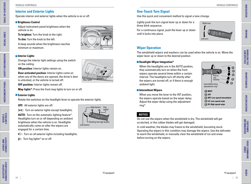 Interior and exterior lights, One-touch turn signal, Wiper operation | P. 34, P. 35, Brightness control, Map lights | HONDA 2015 Civic (HF) - Owner's Guide (Revised 12/12/2014) User Manual | Page 21 / 79