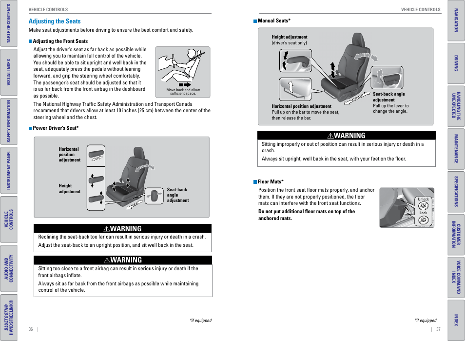 Adjusting the seats, Warning | HONDA 2015 Civic (HF) - Owner's Guide (Revised 12/12/2014) User Manual | Page 22 / 79