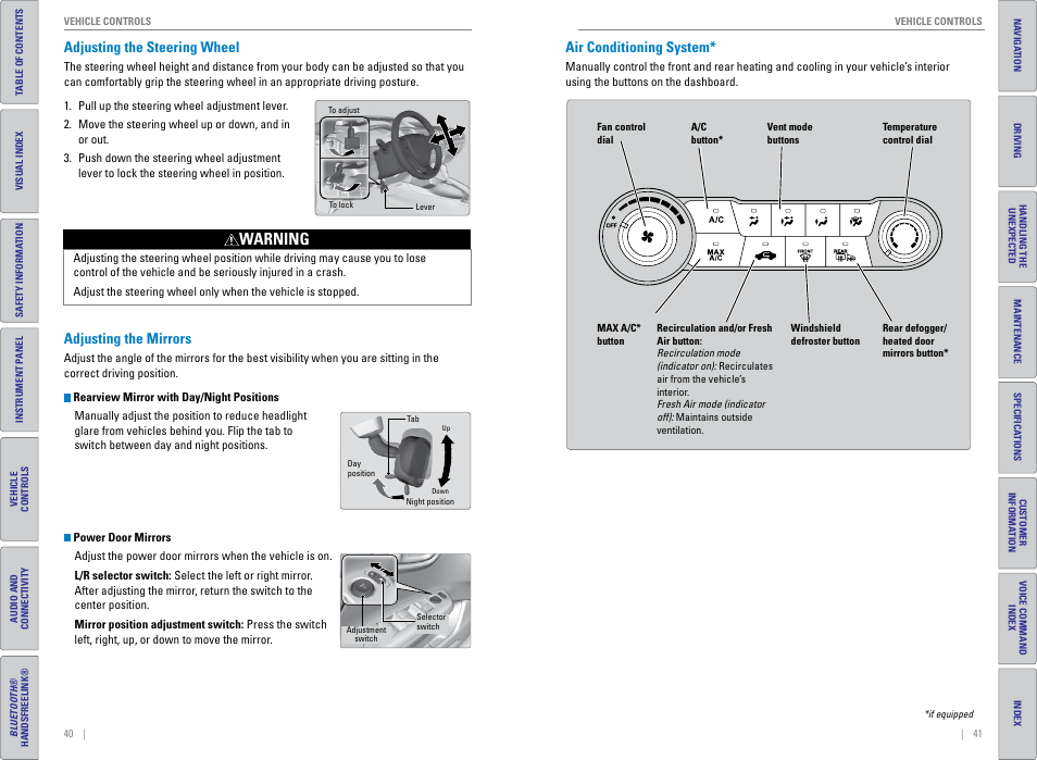 Adjusting the steering wheel, Adjusting the mirrors, Air conditioning system | P. 41, p. 42, Door mirror controls, P. 40, Warning | HONDA 2015 Civic (HF) - Owner's Guide (Revised 12/12/2014) User Manual | Page 24 / 79