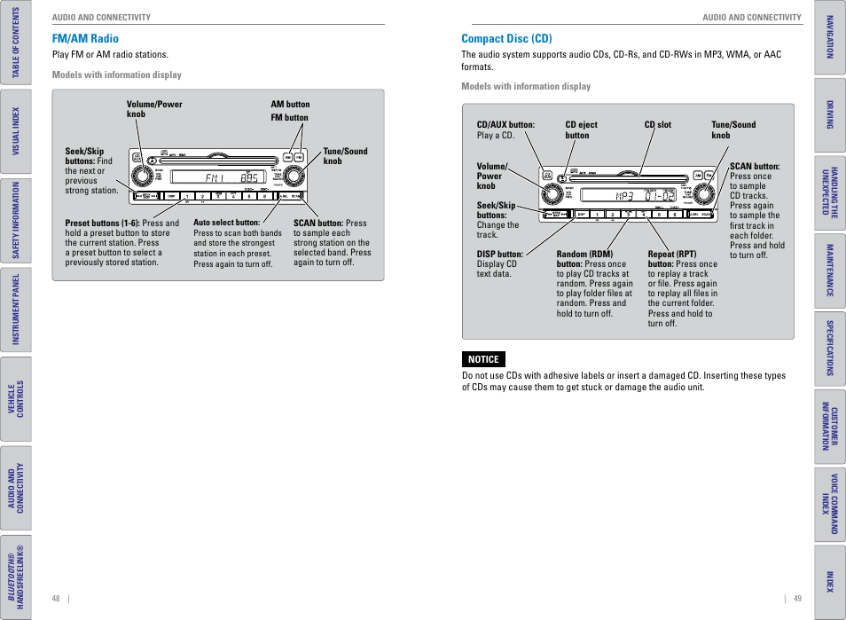 Fm/am radio, Compact disc (cd), Fm/am radio compact disc (cd) | HONDA 2015 Civic (HF) - Owner's Guide (Revised 12/12/2014) User Manual | Page 28 / 79