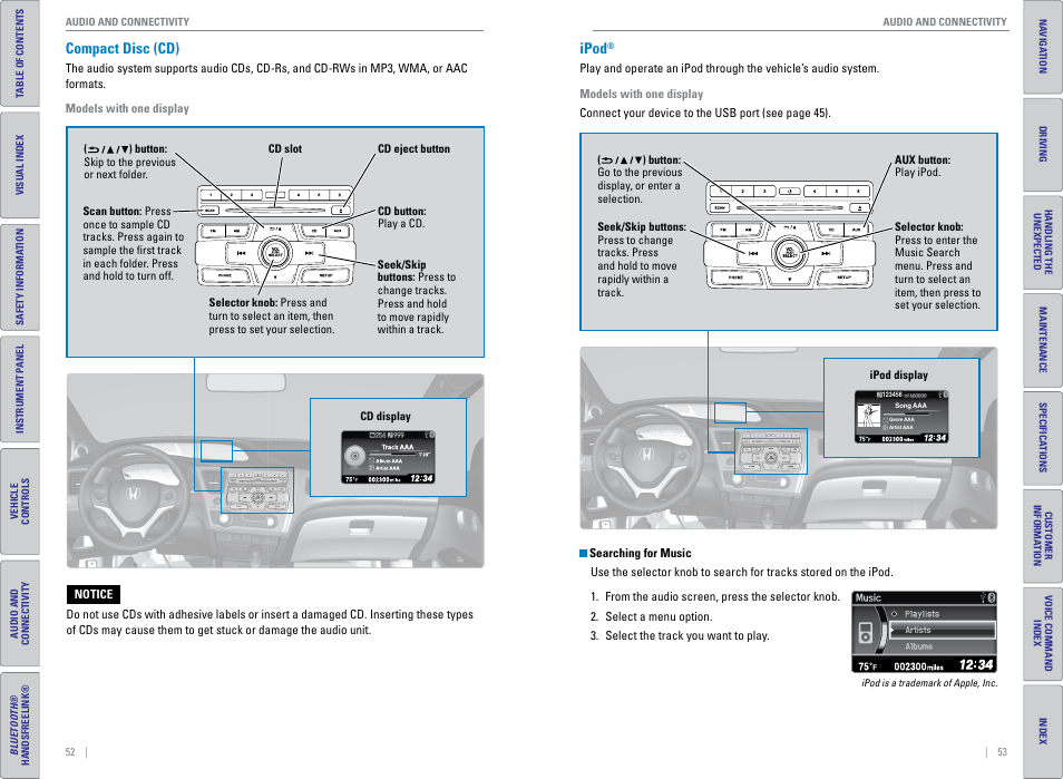 Compact disc (cd), Ipod, Compact disc (cd) ipod | HONDA 2015 Civic (HF) - Owner's Guide (Revised 12/12/2014) User Manual | Page 30 / 79