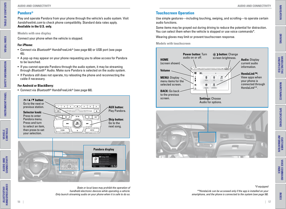 Pandora, Touchscreen operation, P. 57 | HONDA 2015 Civic (HF) - Owner's Guide (Revised 12/12/2014) User Manual | Page 32 / 79