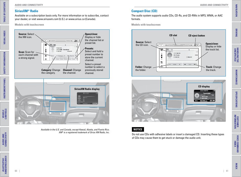 Siriusxm® radio, Compact disc (cd), Siriusxm | Radio | HONDA 2015 Civic (HF) - Owner's Guide (Revised 12/12/2014) User Manual | Page 34 / 79