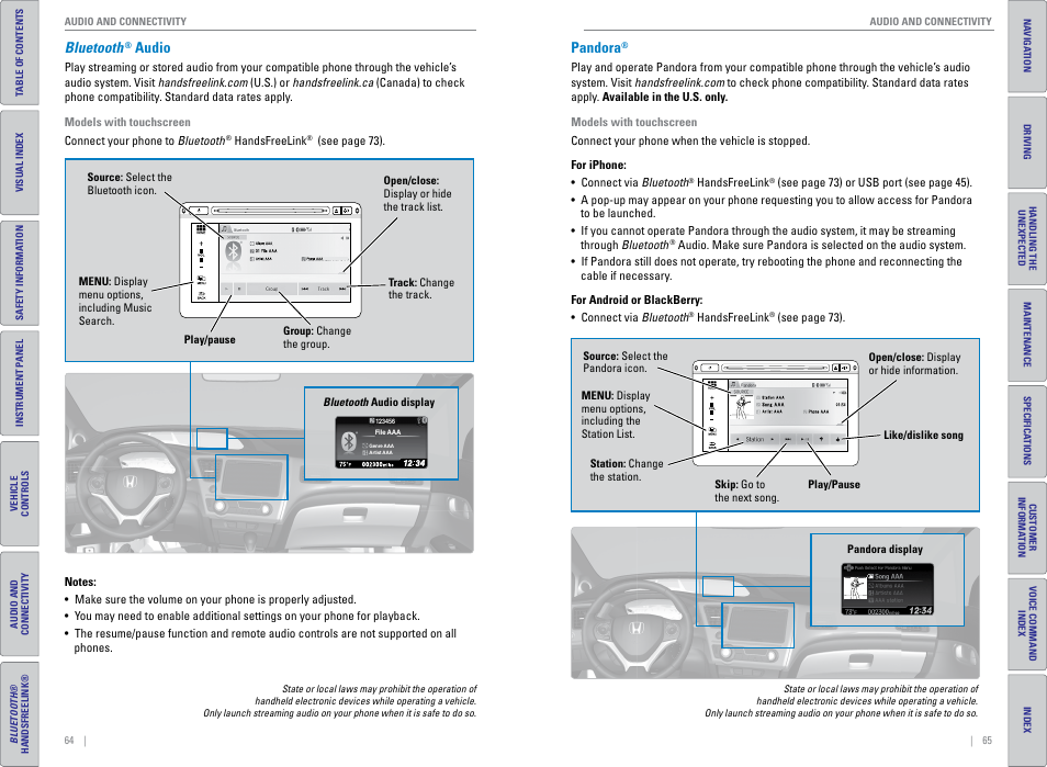 Bluetooth® audio, Pandora, Bluetooth | Audio | HONDA 2015 Civic (HF) - Owner's Guide (Revised 12/12/2014) User Manual | Page 36 / 79