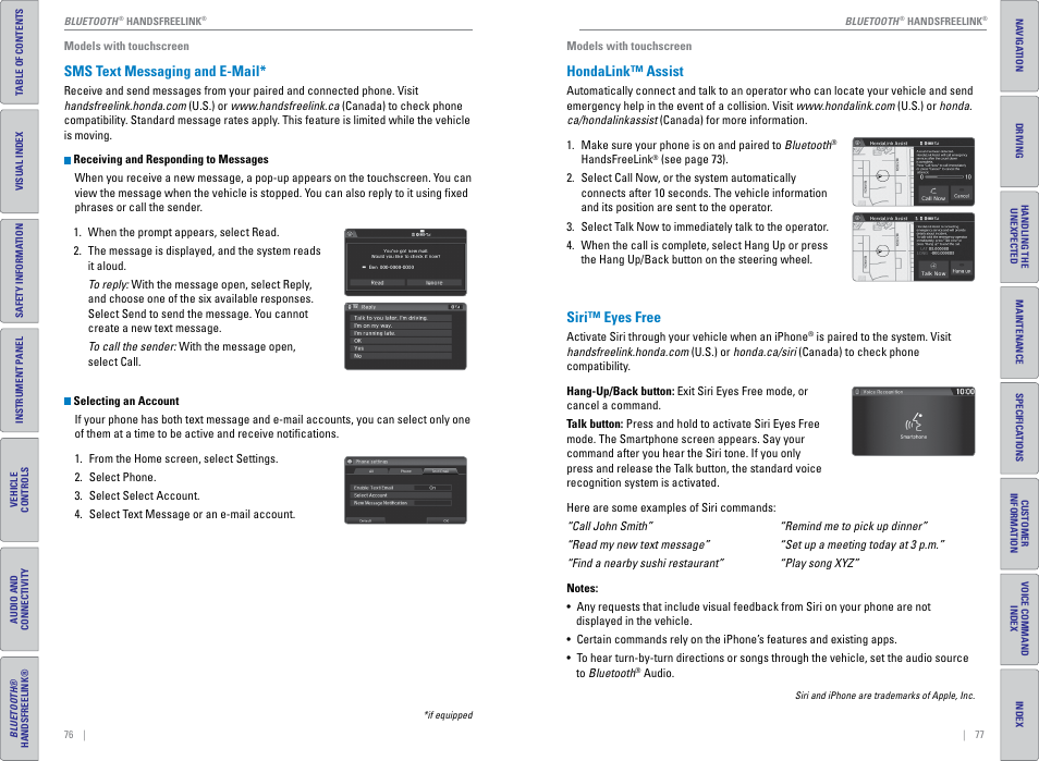 Sms text messaging and e-mail, Hondalink™ assist, Siri eyes free | HONDA 2015 Civic (HF) - Owner's Guide (Revised 12/12/2014) User Manual | Page 42 / 79