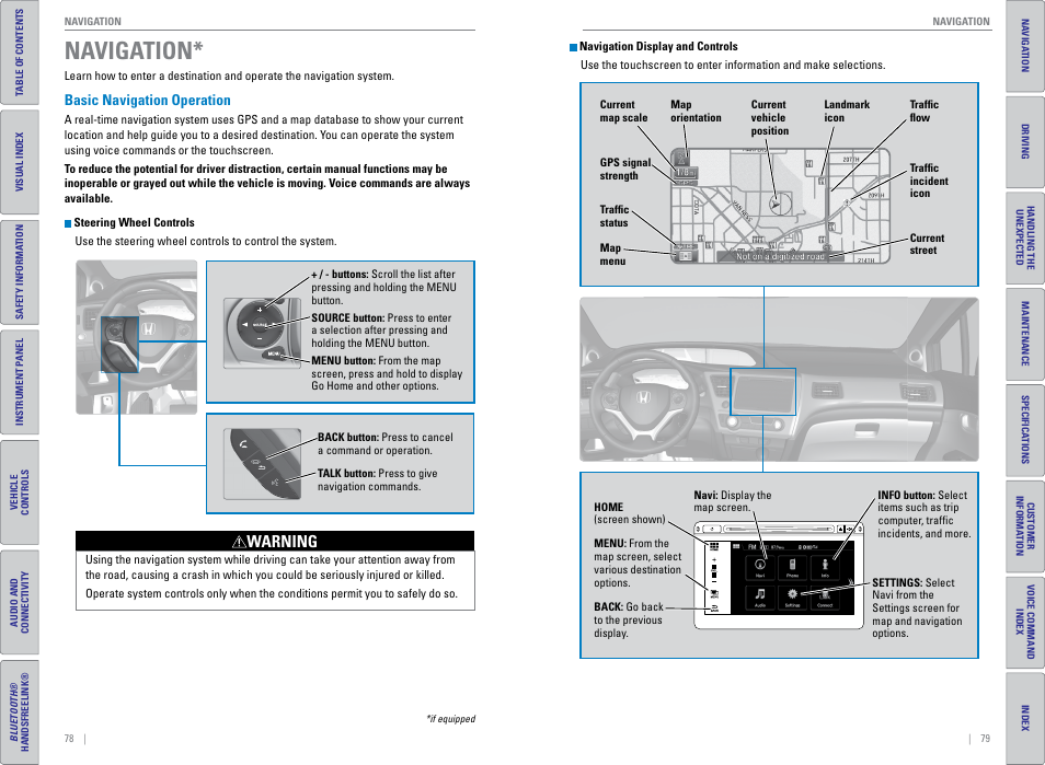 Navigation, Basic navigation operation, Na viga | Tion, P. 78, P. 79, Warning | HONDA 2015 Civic (HF) - Owner's Guide (Revised 12/12/2014) User Manual | Page 43 / 79