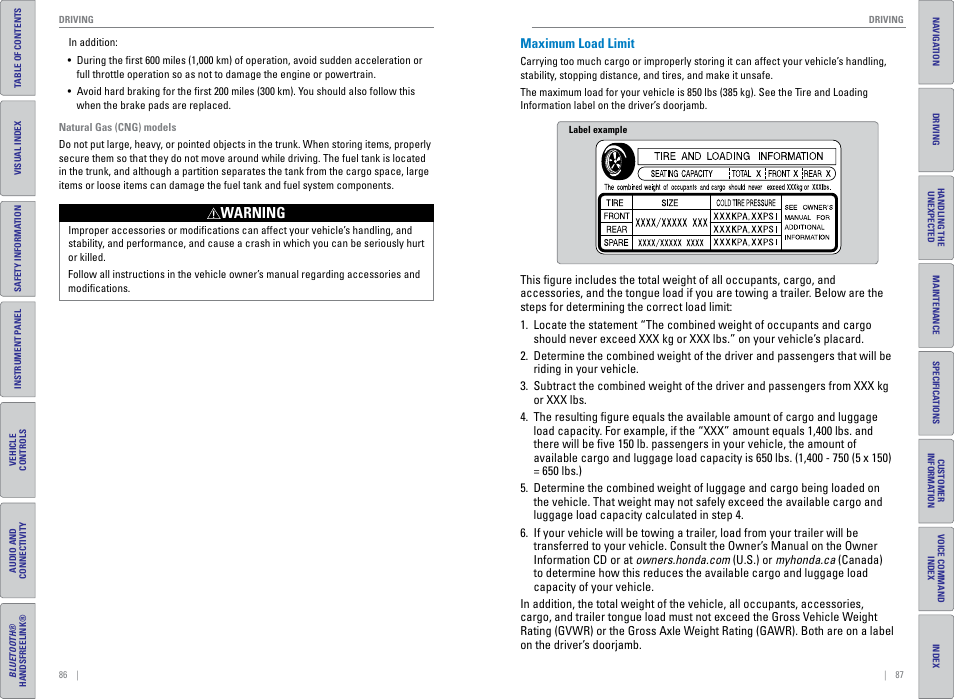 Maximum load limit, Warning | HONDA 2015 Civic (HF) - Owner's Guide (Revised 12/12/2014) User Manual | Page 47 / 79