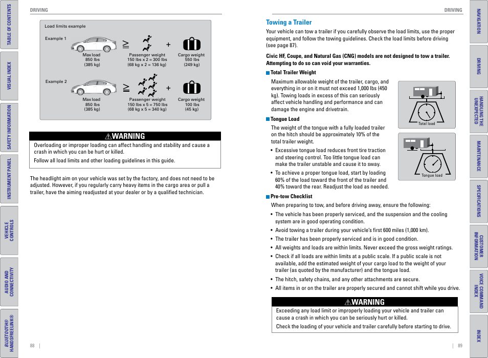 Towing a trailer, Warning | HONDA 2015 Civic (HF) - Owner's Guide (Revised 12/12/2014) User Manual | Page 48 / 79