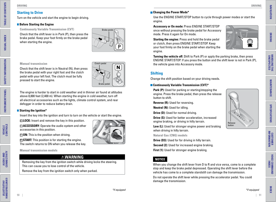 Starting to drive, Shifting, P. 91 | Starting to drive shifting, Warning | HONDA 2015 Civic (HF) - Owner's Guide (Revised 12/12/2014) User Manual | Page 49 / 79